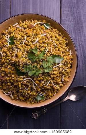 dry and simple moong dal usal or healthy sprouted Green gram spicy usal, fried in oil