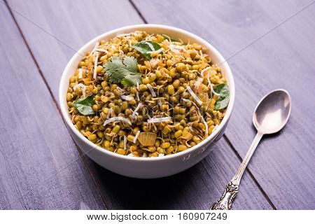 dry and simple moong dal usal or healthy sprouted Green gram spicy usal, fried in oil