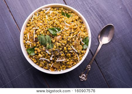 dry and simple moong dal usal or healthy sprouted Green gram spicy usal, fried in oil