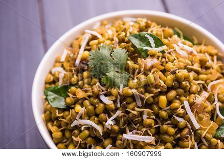 dry and simple moong dal usal or healthy sprouted Green gram spicy usal, fried in oil