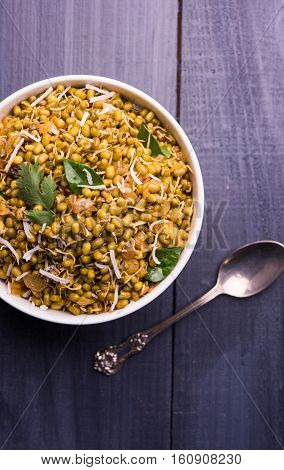 dry and simple moong dal usal or healthy sprouted Green gram spicy usal, fried in oil