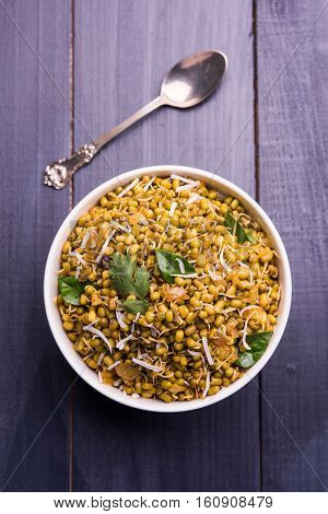 dry and simple moong dal usal or healthy sprouted Green gram spicy usal, fried in oil