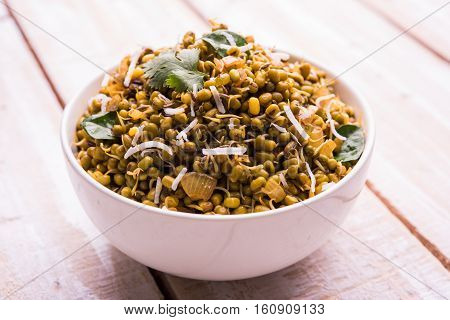 dry and simple moong dal usal or healthy sprouted Green gram spicy usal, fried in oil