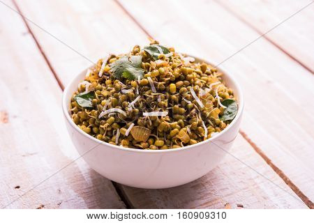 dry and simple moong dal usal or healthy sprouted Green gram spicy usal, fried in oil