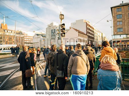 STRASBOURG FRANCE - DEC 9 2016: Police check-point verifying all pedestrian before entering city center after extreme secure measures have been taken to prevent any terrorist attacks