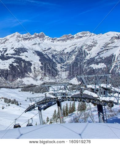 Engelberg, Switzerland - 9 March, 2016: cable car on Mt. Titlis. Titlis is a mountain of the Uri Alps, located on the border between Swiss Cantons of Obwalden and Bern, mainly accessed from the town of Engelberg.