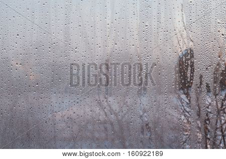 Drops of water on a window glass with a beautiful background