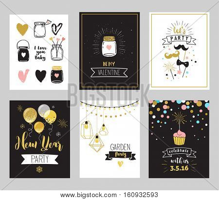 Chick Party glitter greeting cards and invitations. Gold hearts, speech bubbles, stars and other elements. Vector element, backgrounds. Gold, pink and blue sparkle, chic style