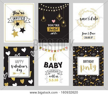 Chic Party glitter greeting cards and invitations. Gold hearts, speech bubbles, stars and other elements. Vector element, backgrounds. Golden, pink and blue sparkle, chic style