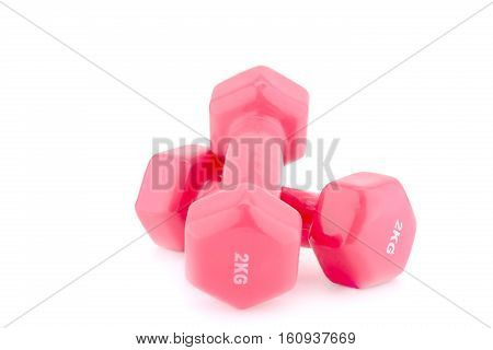 Two plastic coated dumbells isolated on white background.