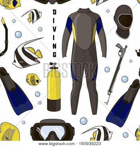 Diving equipment pattern. Aqualung, oxygen cylinders, depth gauge, flashlight, snorkel and mask, flippers and gloves and speargun