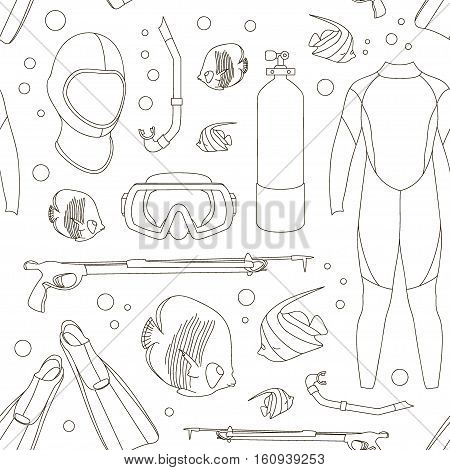 Diving equipment pattern. Aqualung, oxygen cylinders, depth gauge, flashlight, snorkel and mask, flippers and gloves and speargun