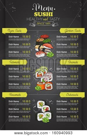Restaurant vertical color sushi menu design on blackboard. Front