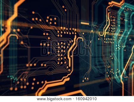 Orange, green background with printed circuit board and html code