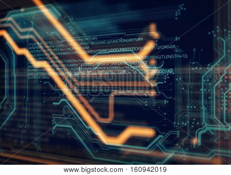 Orange, green background with printed circuit board and html code