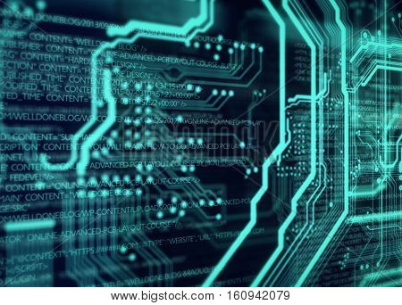 Green background with printed circuit board and html code