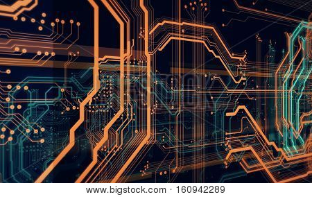 Orange green background with digital integrated network technology 3D illustration