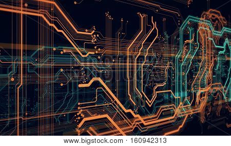 Orange, green background with digital integrated network technology 3D illustration