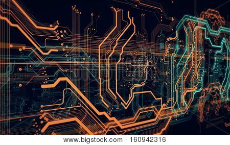 Orange, green background with digital integrated network technology 3D illustration