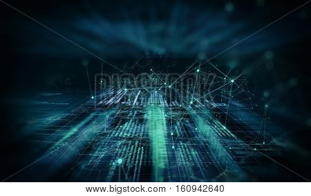 Abstract dark background with connecting dots and lines. Connection structure digital code. 3d illustration