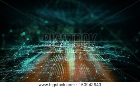 Abstract dark background with connecting dots and lines. Connection structure digital code. 3d illustration