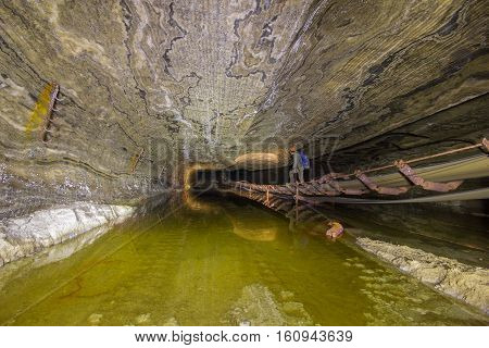 Abandoned varicoloured salt mine shaft tunnel carnallite