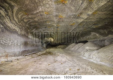 Abandoned varicoloured salt mine shaft tunnel carnallite
