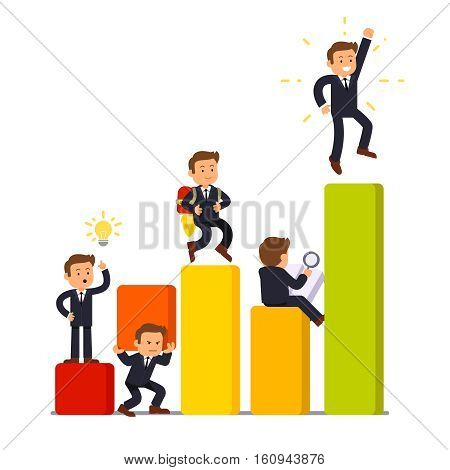 Stages of business development and growth from initial idea to a market leadership. Little businessman characters working in various poses on a bar graph. Flat vector illustration on white background.