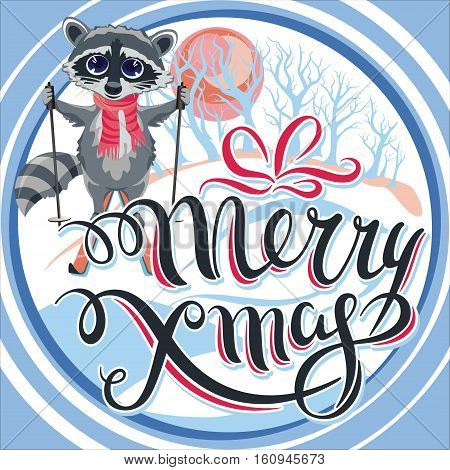 illustration vector merry christmas lettering design with raccoon skiing