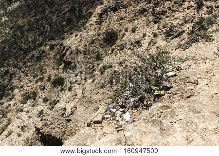 Highest point Jabal Samhan mountain pastic pollution at viewpoint Dhofar mountains Oman