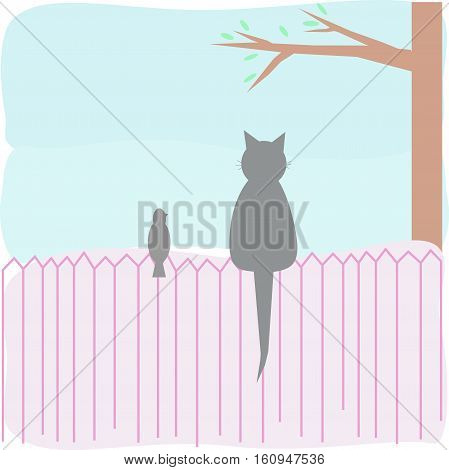 cat, bird, fence, tree, animal, illustration, vector