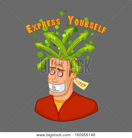 Emotional explosion of ideas. A man in search of ideas with an open head, silent not speak, listen. Cartoon, vector illustration, outline color.