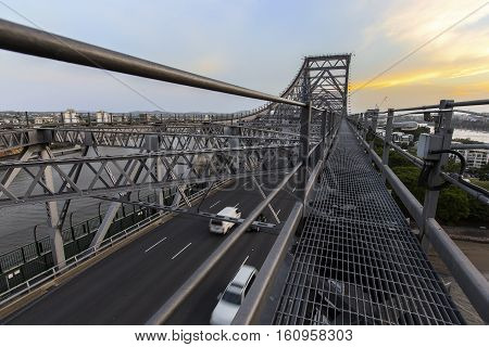 Looking across Brisbane Story Bridge span on the walkway above the bridge, view of the southern side of the bridge