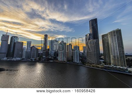 BRISBANE, AUSTRALIA - December 5 2016: Colourful sunset of Brisbane City riverside