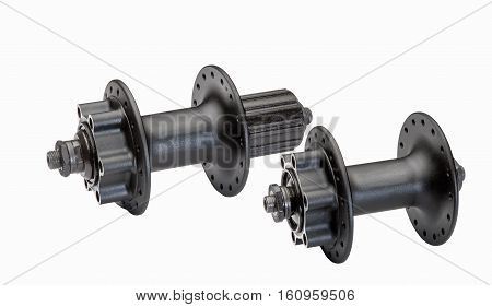 Bicycle wheel hubs for wheels with disc brakes isolated on a white background