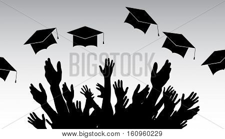 Graduates, People throw square academic cap, oxford cap. Vector Illustration. EPS10