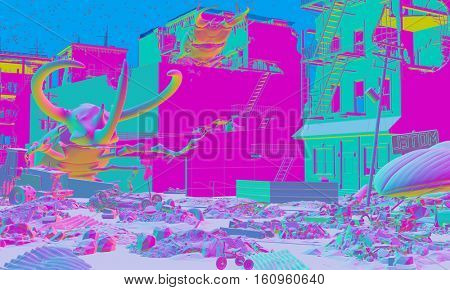 Ruined city by giant insects. Apocalyptic fantasy art acid-style concept. 3D rendering