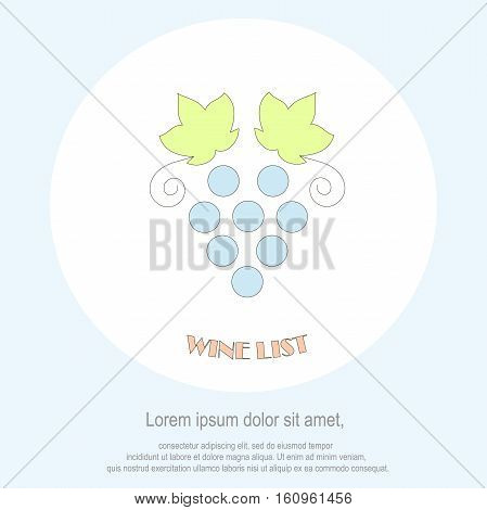 Wine list restaurant menu template. Line style, blue grape bunch green leaf, Lorem ipsum on white. Perfect wine design element stock vector illustration