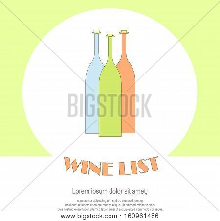 Wine list restaurant menu templates. Line style green, blue, red, bottles, Lorem ipsum on white. Perfect wine design element stock vector illustration