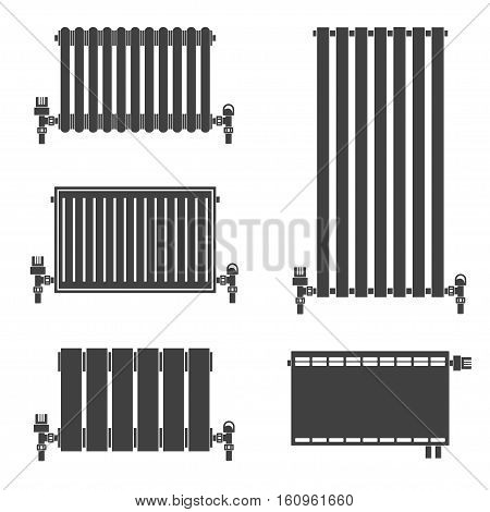 Central Heating Radiators silhouette icons for web and mobile, modern minimalist flat design. Vector black icon on white background. Set of heating radiators.