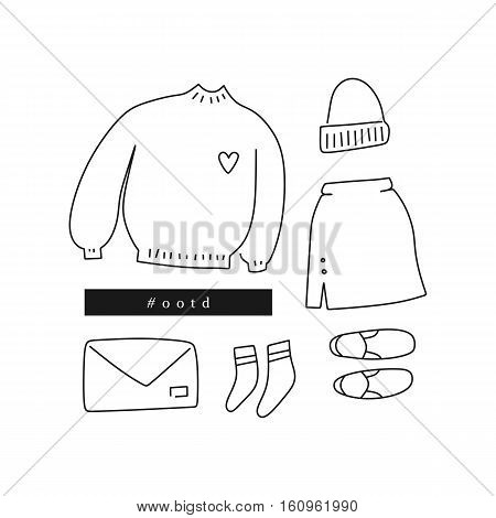 Outfit of the day. Hand drawn clothes: sweater, skirt, slip-ons, beanie, etc in linear style (flat lay / top view)