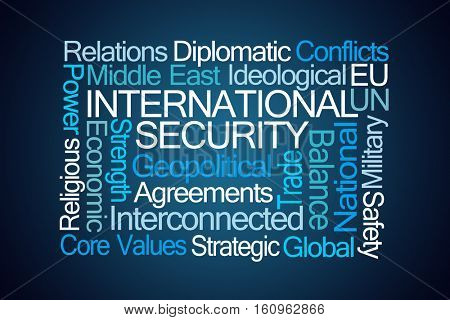  International Security Word Cloud on Blue Background