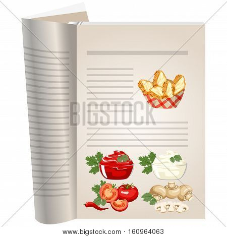 Template pages of a cookbook. You can have there favorite recipes. Chicken breast in breadcrumbs. Creamy mushroom sauce and ketchup with fresh tomatoes.