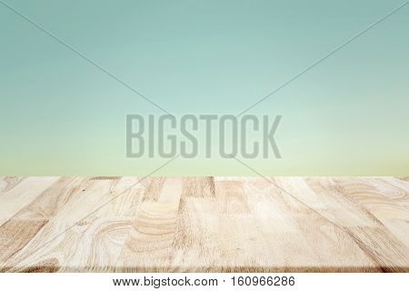 Empty Wood Tabletop Over Outdoor Landscape Sunset Vintage Sky Background For Product Montage Display