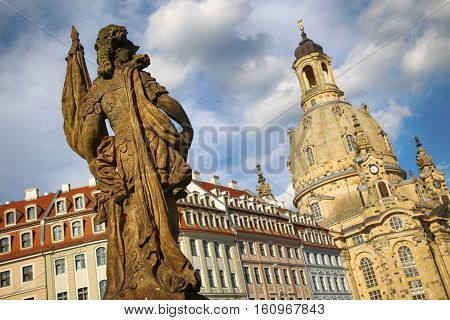 View from Turks fountain (Friedensbrunnen) to Church of Our Lady in Dresden Germany