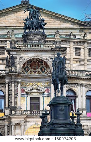 Statue of King Johann and Semperoper opera (Staatskapelle Dresden) at Theaterplatz in Dresden State of Saxony Germany