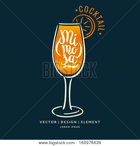 Modern hand drawn lettering label for alcohol cocktail Mimosa. Calligraphy brush and ink. Handwritten inscriptions for layout and template. Vector illustration of text.