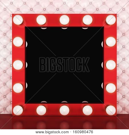 Pink retro makeup mirror on pink leather background. 3D rendering