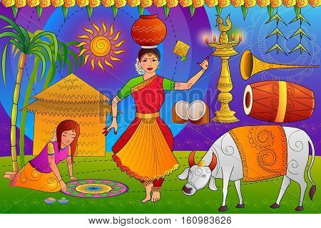 vector illustration of Happy Pongal festival celebration background