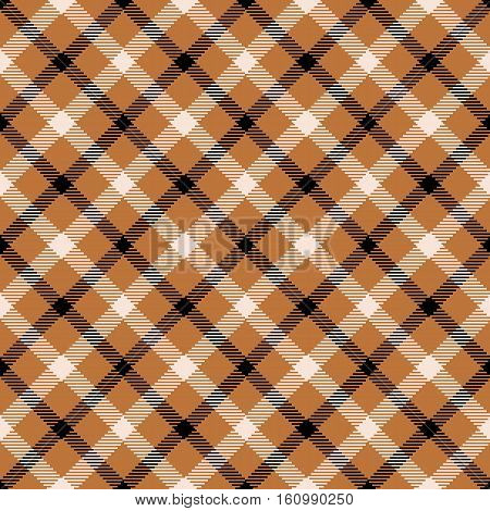 Brownyellow and white diagonal tartan fabric texture. Seamless pattern. Vector illustration.